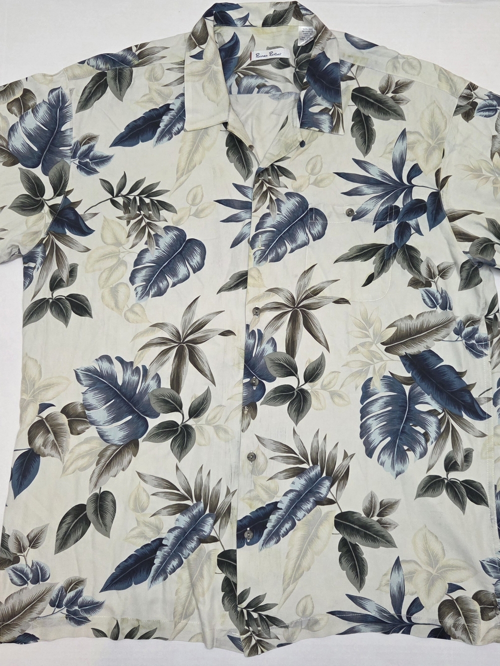 Burma Bibas 100% Silk Shirt with Blue and Tan Tropical Leaves